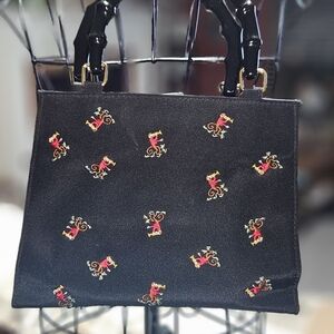 Tiannl Black Satchel with Red Embroidery